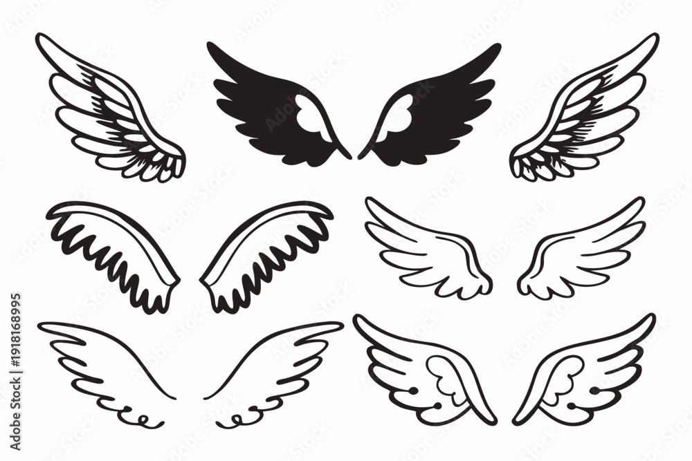 Obraz premium A set of black and white wing illustrations in various styles and designs