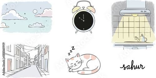 Hand drawn vector art of sleeping cat laying curled up near street view and kitchen hood light shining at night with alarm clock and clouds above sky lettering sahur