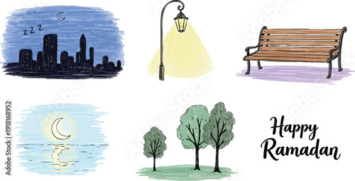 Hand drawn cityscape sleeping at night crescent moon over calm water wooden park bench illuminated street lamp green trees set with happy ramadan text greeting vector art