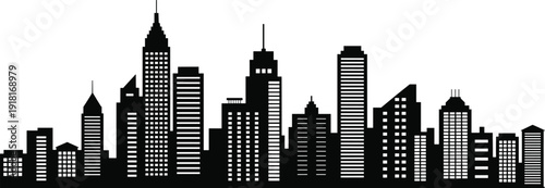 City skyline silhouette, urban downtown buildings, modern skyscrapers panorama, black isolated cityscape, metropolitan architecture illustration, night city concept