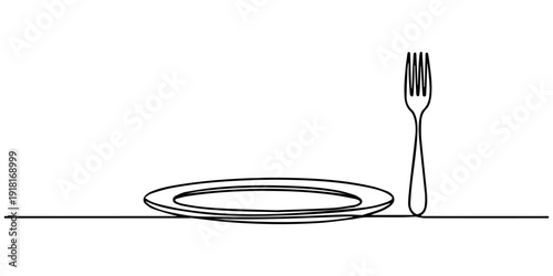 One continuous linear plate, high and fork. Vector illustration, One continuous line drawing of dinnerware. Fork, plate, knife  and spoon, Plate with fork knife continuous one line drawing, minimal