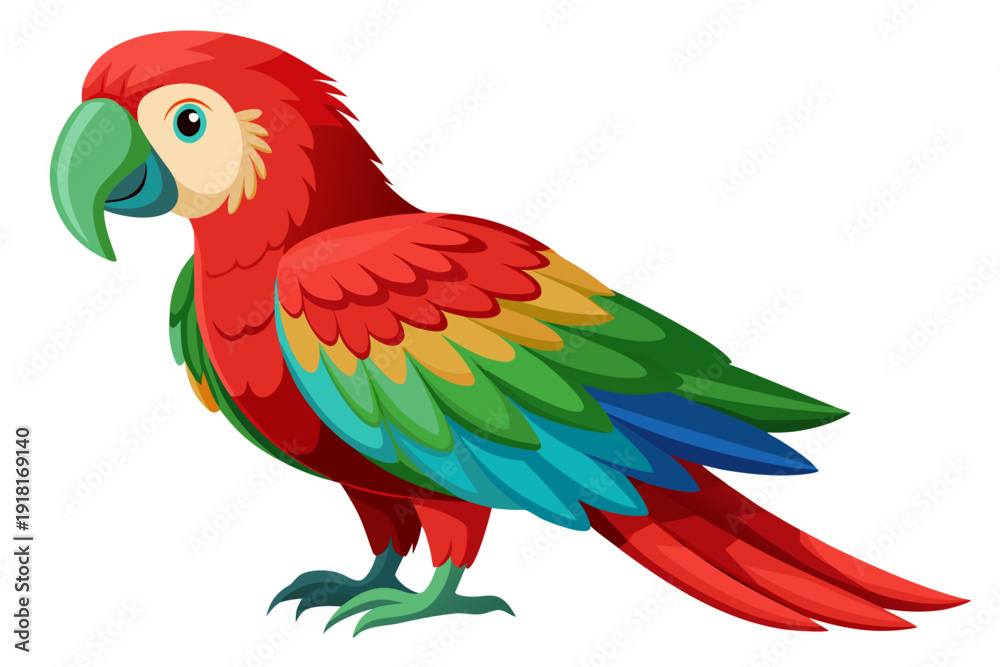 Fototapeta premium A colorful parrot standing on a white background, showcasing its vibrant feathers and distinctive beak.