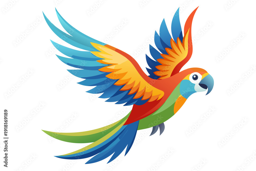 Obraz premium A vibrant parrot in flight with colorful feathers and wings spread wide in a vector graphic design