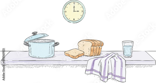 Hand drawn kitchen scene with cooking pot on stove sliced bread glass of water and kitchen towel under wall clock illustration in soft pastel colors