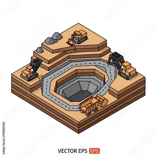 Isometric Illustration of Mining Operation Site.