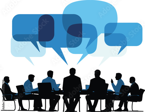 Corporate board meeting silhouettes with blue speech bubbles, business team discussion, communication strategy collaboration concept illustration