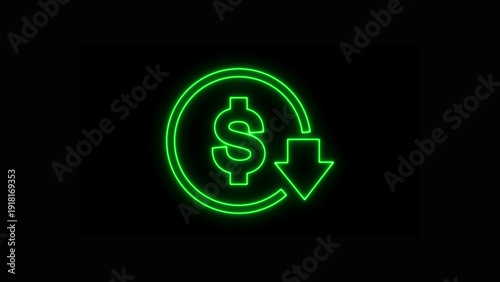 Colorful neon green dollar sign icon with a downward arrow inside a circular frame, representing financial decrease and economic downturn, isolated on black background.