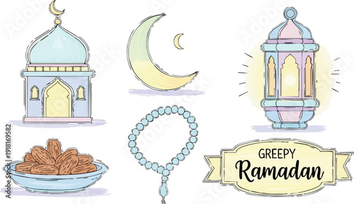 Hand drawn style moon mosque lantern prayer beads and dates plate set with greeting label for ramadan celebration in soft pastel colors