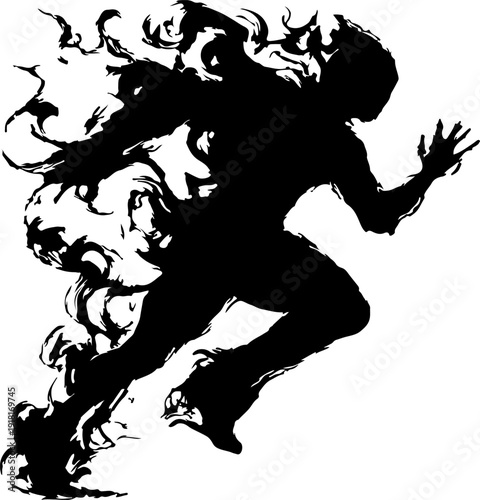 Mysterious Shadowy Character Surrounded by Flames and Smoke, Representing Fantasy, Power, and Action Energy
