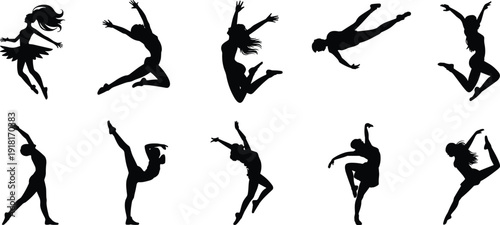 Dancing women silhouettes collection, energetic female dancers jumping and performing isolated on white background for fitness and performance concept