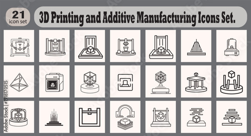 3D Printing and Additive Manufacturing Icons Set. Futuristic fabrication, prototyping, digital creation, and industrial technology symbols.