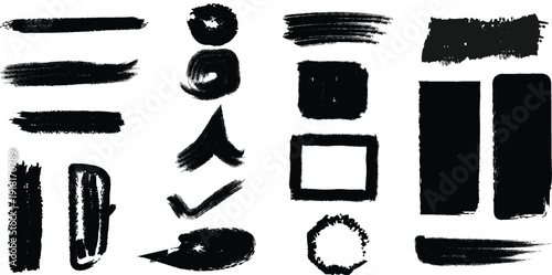 A collection of various black brush strokes and shapes on a white background