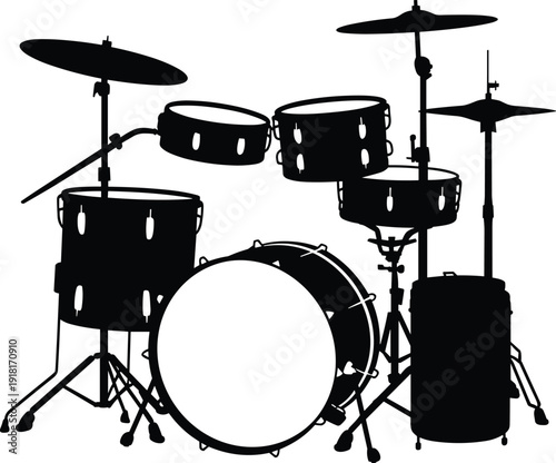 Drum kit silhouette with cymbals and percussion instruments, musical band equipment isolated on white background vector illustration