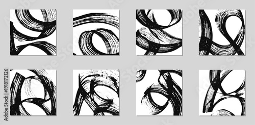 Set of vector square abstract backgrounds. Black ink marks, brush strokes, patterns.