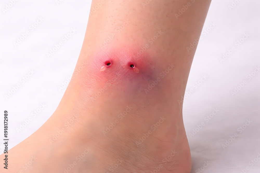 Naklejka premium Photorealistic 3D medical-grade macro close-up of a venomous snakebite puncture marks: two small fang punctures a short distance apart with mild surrounding redness and localized swelling