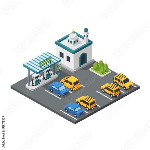Isometric gas station and Islamic building with parked cars in urban lot
