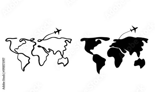 Black travel silhouette,Black icon of airplane flying around the globe. Travel, flight, and international tourism symbol