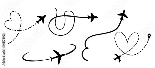 set of Black airplane with curved flight path travel journey silhouette,Black travel silhouette set