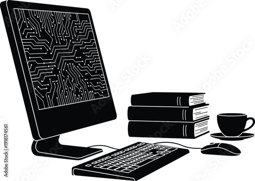 AI computer workstation with circuit board screen, books and coffee on desk, technology workspace vector silhouette illustration concept