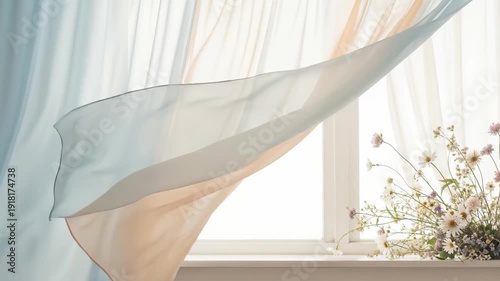 Sheer curtains blowing gently in the wind from an open window with wildflowers on the sill for a fresh air concept and serene home atmosphere