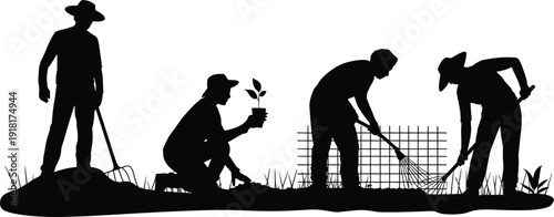 Gardeners silhouettes working in farm, planting seedlings, raking soil, agricultural teamwork concept, black isolated farmers, gardening illustration