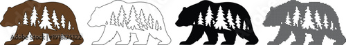 Bear silhouette filled with pine trees, available in solid colors, outline, and pixel art