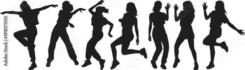 Group of young women dancing silhouettes, energetic female party poses isolated on white background vector illustration collection