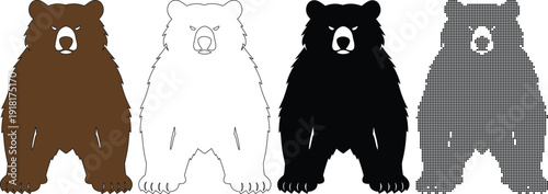 Bear standing front view, powerful and imposing, in brown, outline, black, and pixel styles