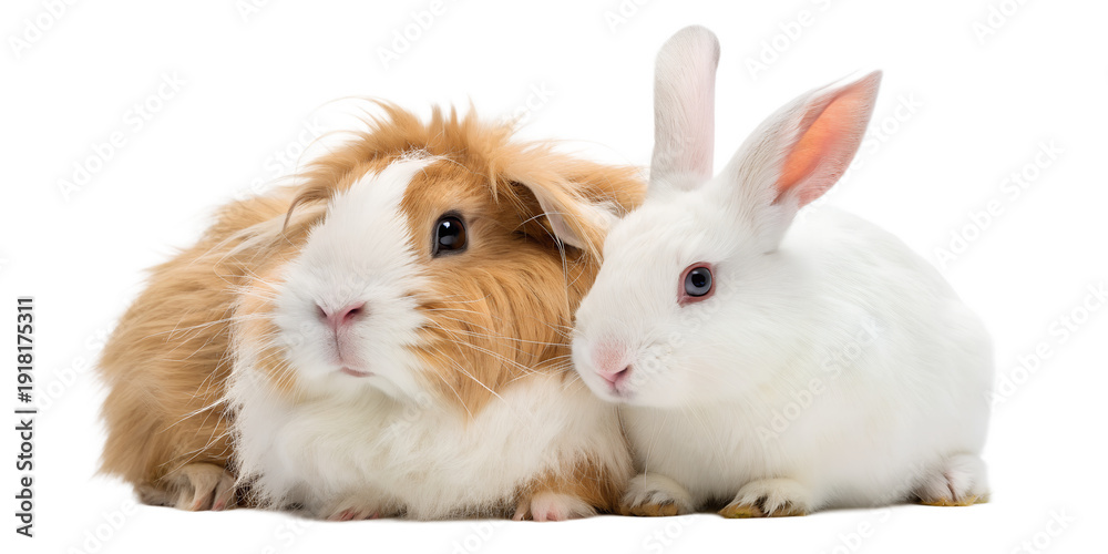 Fototapeta premium Guinea Pig and Rabbit Isolated on White – Small Pet Veterinary and Insurance Banner
