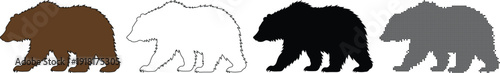 Detailed grizzly bear illustration with fur texture, in brown, white, black, and pixelated styles
