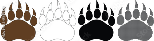 Bear paw prints in four styles: brown, outline, black, and pixelated, on white background