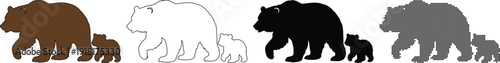 Mother bear and cub walking together, shown in brown, white, black, and pixelated silhouettes