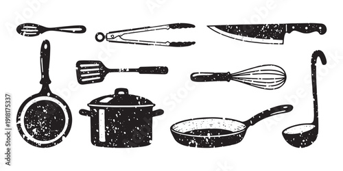 Black grunge kitchen utensils and cookware icons set featuring a pot pan whisk and knife on a white background