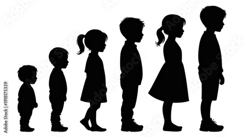 Silhouettes of children in growth stages from toddler to teenager