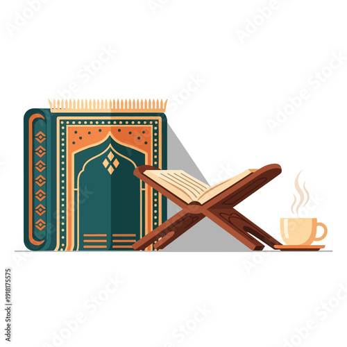 Islamic prayer mat open book and steaming coffee cup of devotion