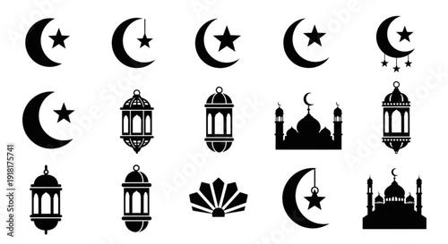 Set of black silhouette Islamic religious symbols icons including mosque and decorative elements in vector illustration style