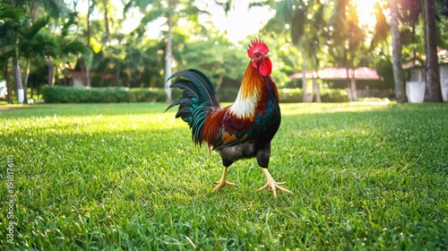 Bright colorful rooster standing on lush green grass in a sunny outdoor park with trees and natural background, detailed vibrant bird in daylight scene