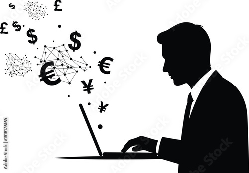 Business analyst working on laptop with global currency symbols and fintech network, digital finance trading vector silhouette illustration concept