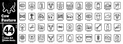 Cow pasture line art icons set, Editable strokes and transparency vector illustration.