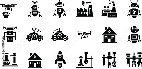 Robotics drone smart factory and AI technology icons, autonomous car rocket lab tools vector collection set pack