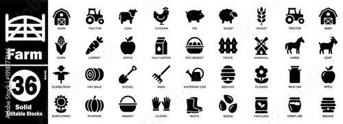 Farm solid editable stock icons set 01, agriculture, animals, and produce vector illustration.