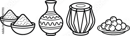 Indian festival elements line art set, traditional drum pot sweets and colored powder isolated vector illustration