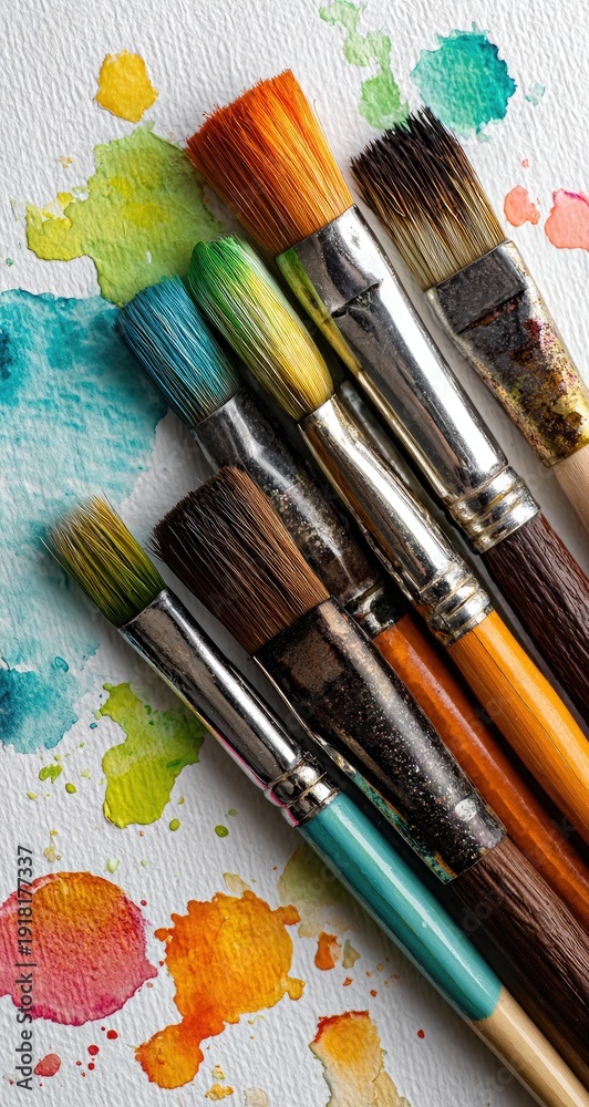 Fototapeta premium Close-up of paintbrushes atop colorful watercolor paint splatters
