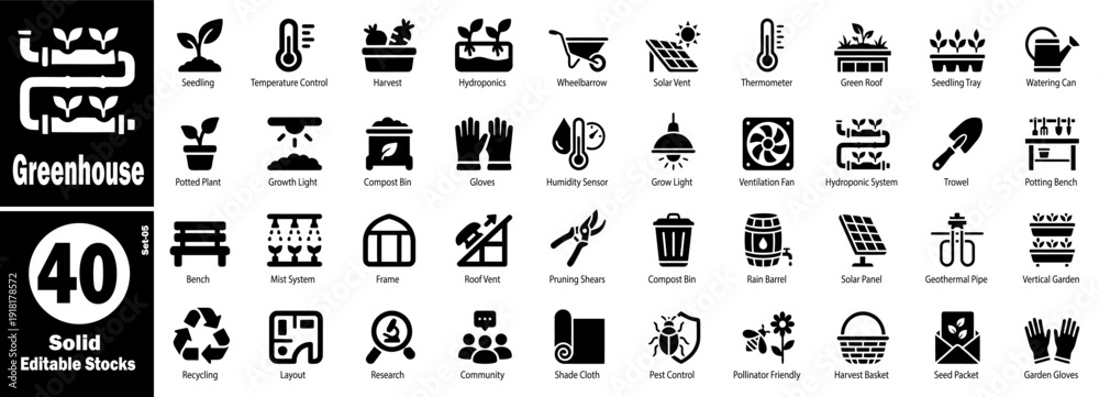 Obraz premium Greenhouse solid icons set, modern agriculture and gardening symbols vector illustration.