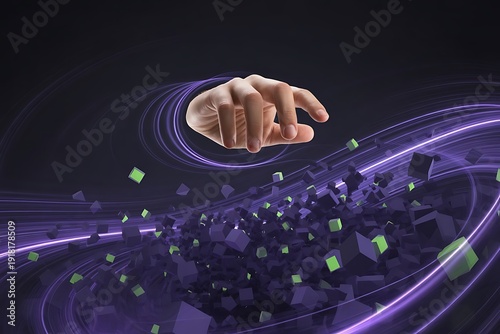 Human Hand Reaching Through Digital Vortex, Cubes, Futuristic Technology Concept