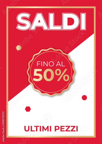 Up to 50% Off Discount Label, Luxury Red and White Diagonal Background, Special Offer Tag with Golden Elements, Italian Seasonal Sale Advertisement