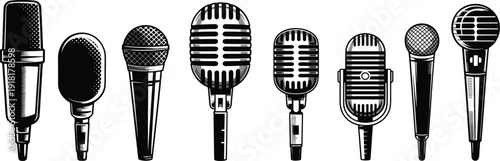 Microphone silhouette set with vintage and modern studio mics isolated on white background audio recording vector illustration