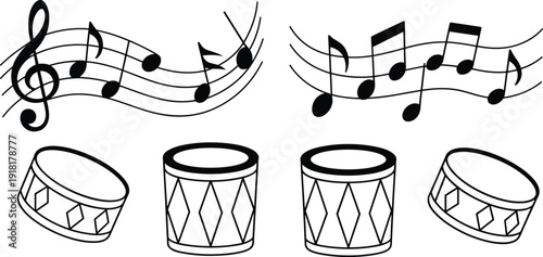 Music notes and drum line art set, musical symbols and percussion instruments isolated vector illustration