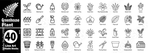 Greenhouse plant line art icons set. Editable stock vector illustration.