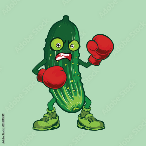 Pickle boxer character in fighting pose, funny vegetable with boxing gloves